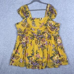Torrid Floral Shirred Peplum Blouse Yellow Womens 3X Stretch Romantic Casual